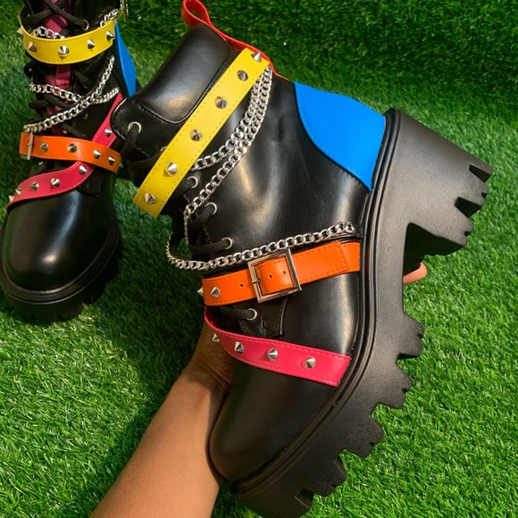 Platform Combat Boots with Multicolor Straps - Picture 8 of 12